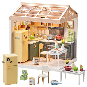 Qudify miniature kitchen dollhouse light up with cozy glow for imaginative play