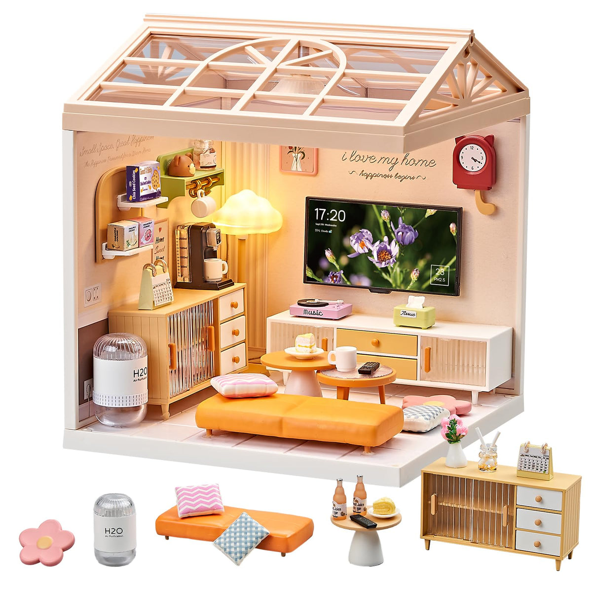 Qudify miniature living room kit front view showing cozy furniture for display