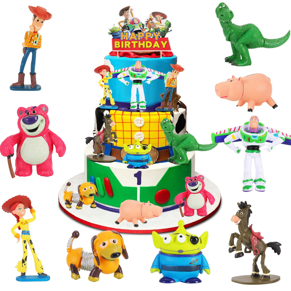 Queediz 9Pack Story action figures as cake toppers for festive celebrations.