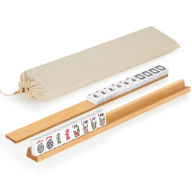QUEENLINK beechwood mahjong racks with pushers for organized four-pack play.