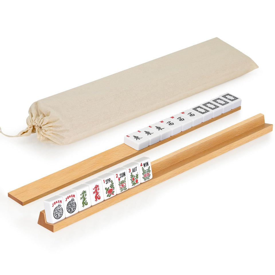 QUEENLINK beechwood mahjong racks with pushers for organized four-pack play.