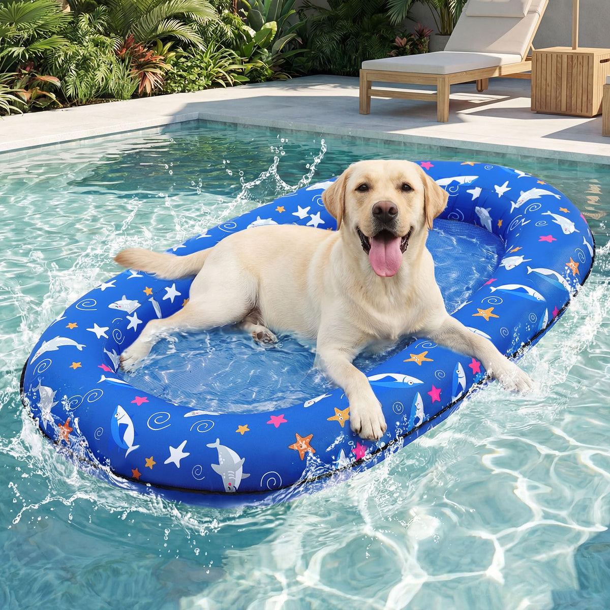 Queenmore dog pool float in blue, ideal for cooling and play.