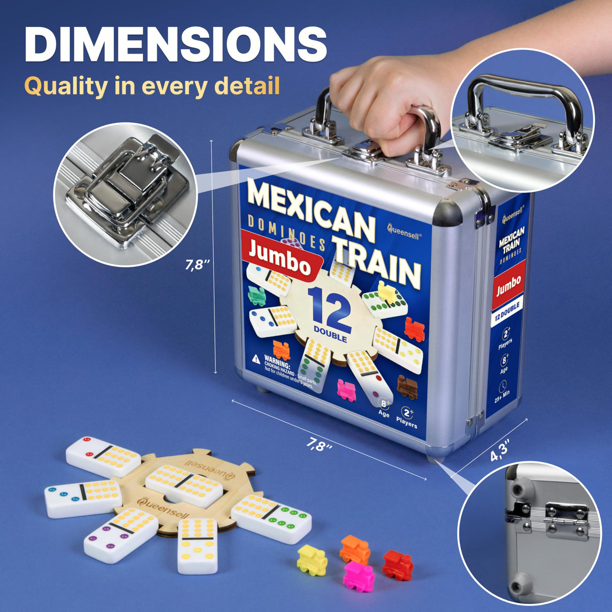 Queensell aluminum carrying case keeps pieces secure and portable.