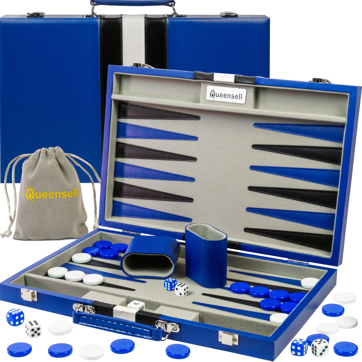 Queensell Backgammon 15-inch folding board with PU leather exterior for travel and elegance.