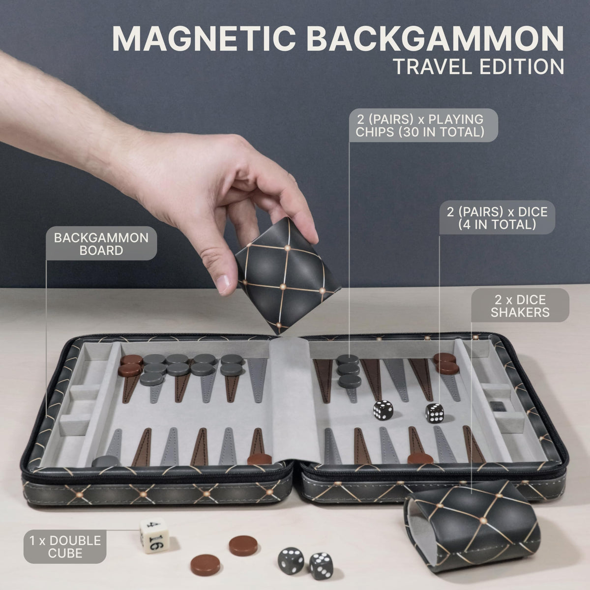 Queensell backgammon board open view reveals generous playing area.