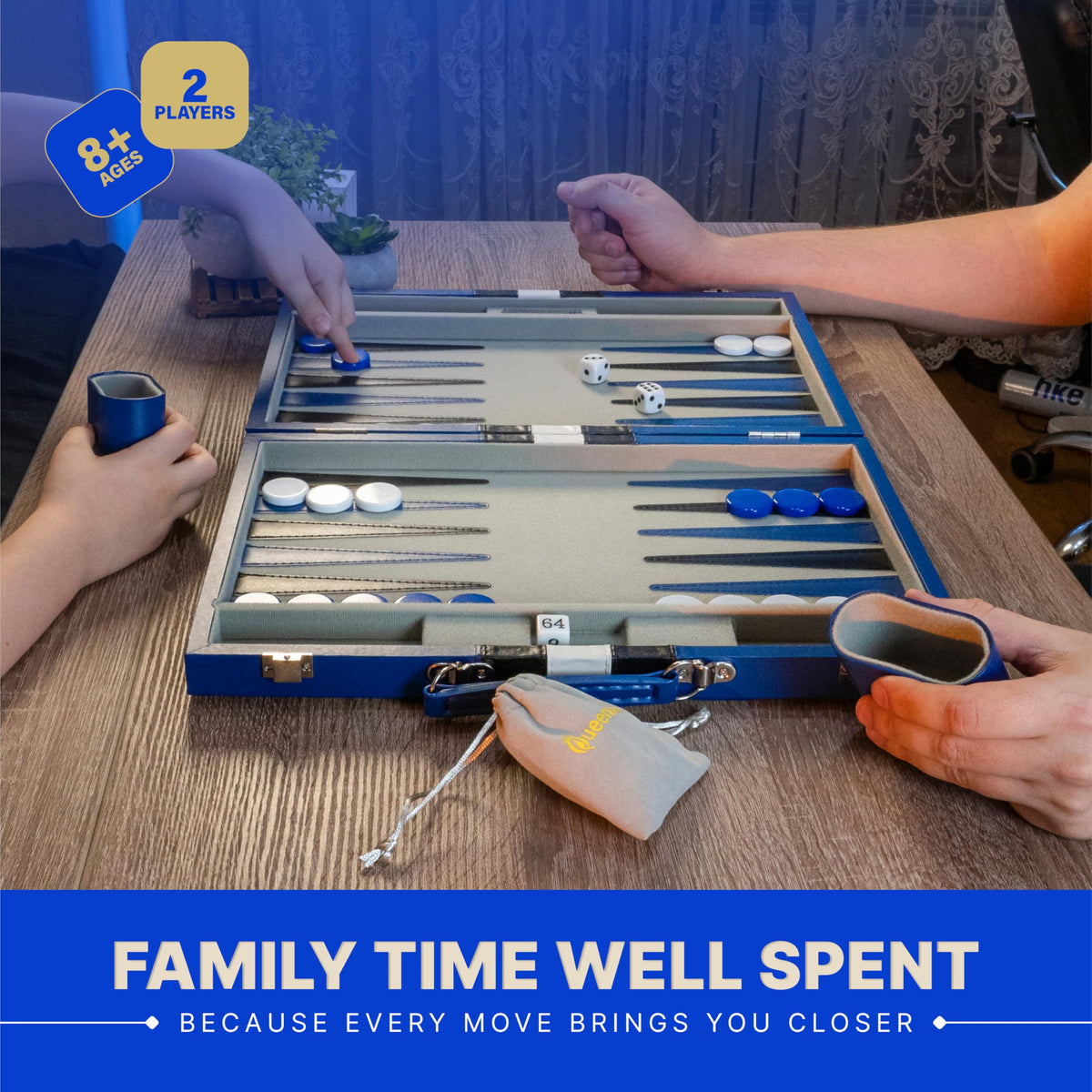 Queensell Backgammon case closed showcases premium PU leather exterior.