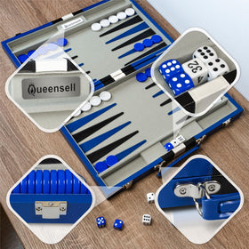 Queensell Backgammon case open reveals compartments for chips and dice.