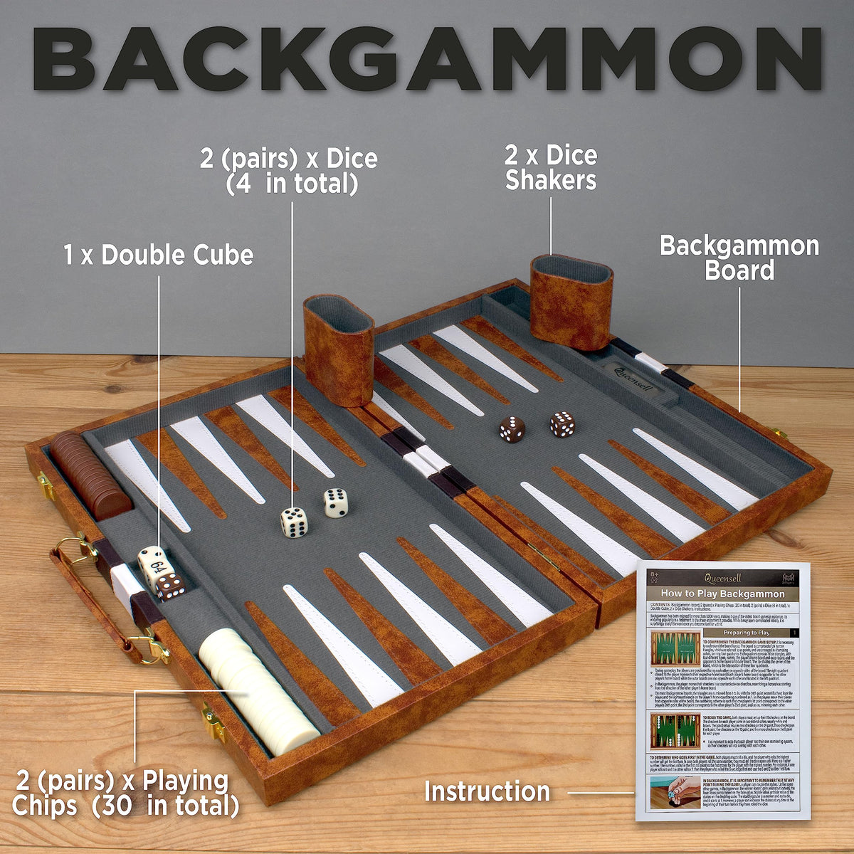Queensell backgammon dice – 4 dice – smooth rolling for quick turns.
