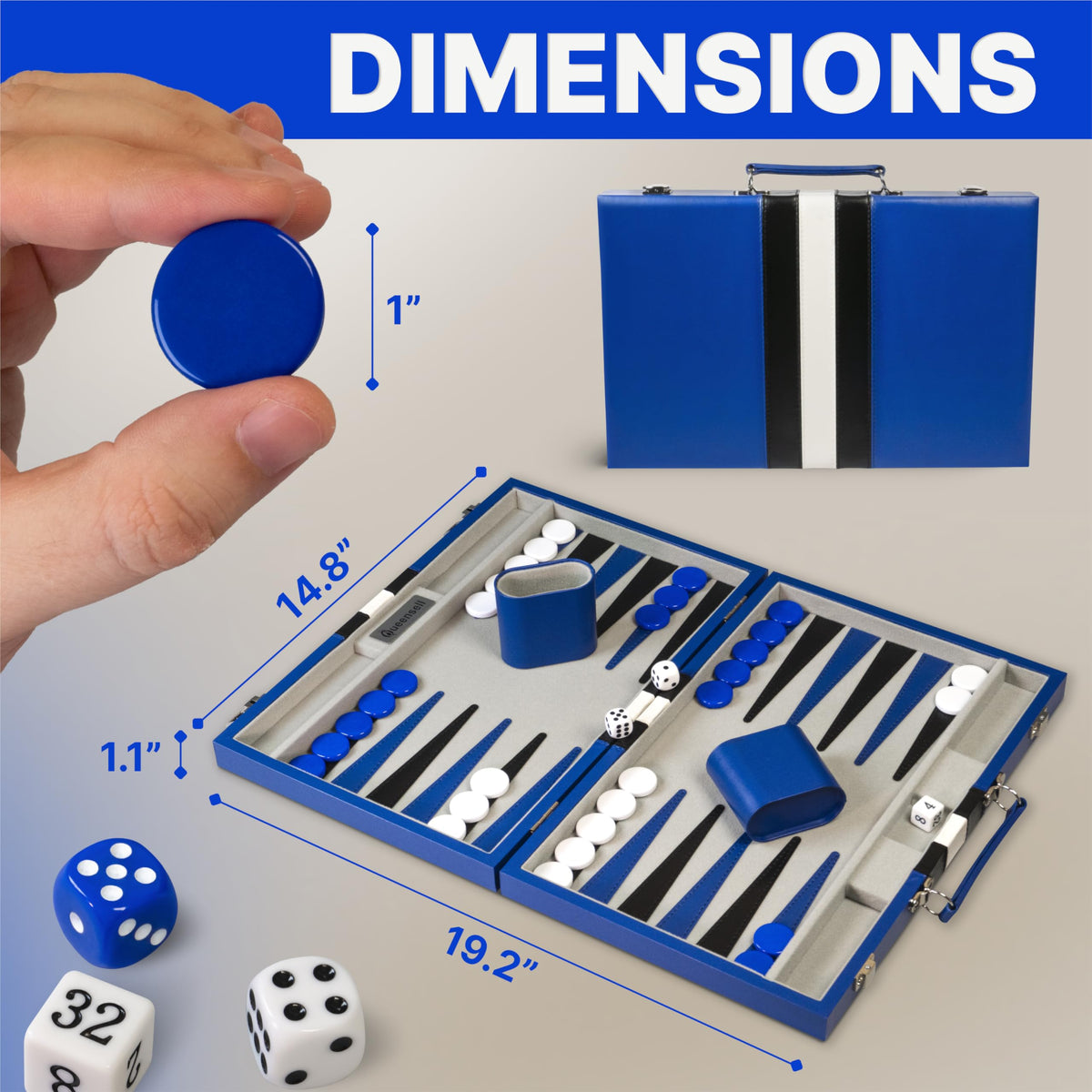 Queensell Backgammon dice cups measure 3 inches for organized gameplay.