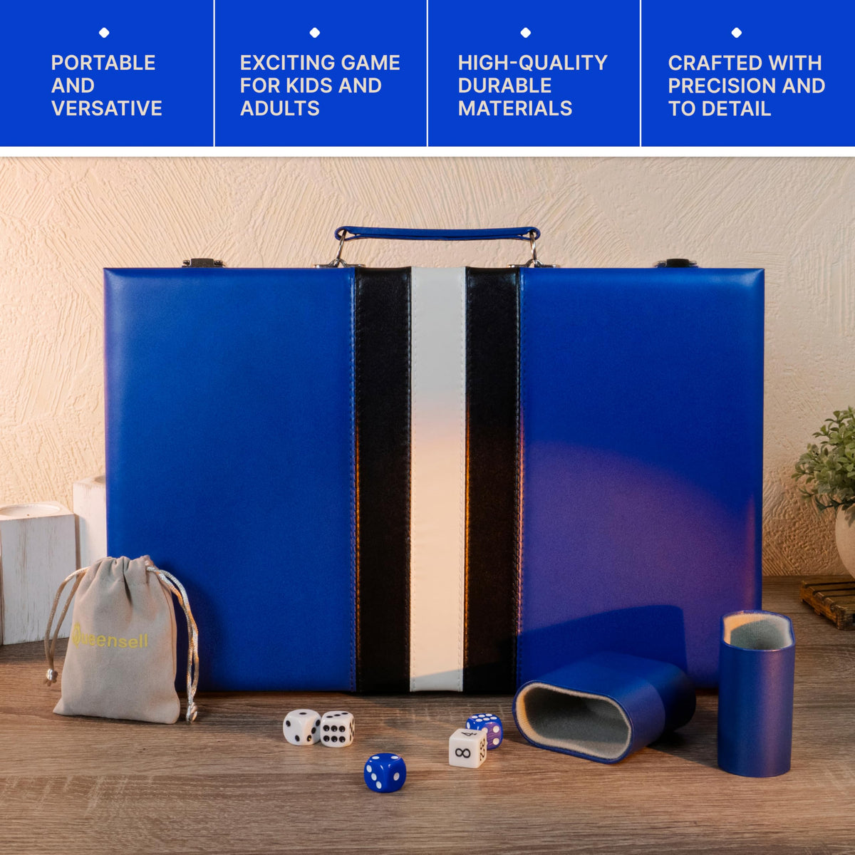 Queensell Backgammon 15-inch board features stitched points and durable finish.