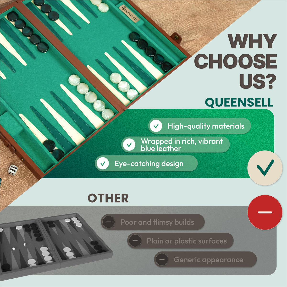 Queensell travel-fold backgammon set ready for vacations and gatherings