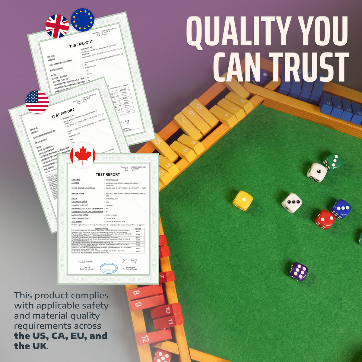 Queensell Color Shut The Box features felt surface to reduce dice noise.