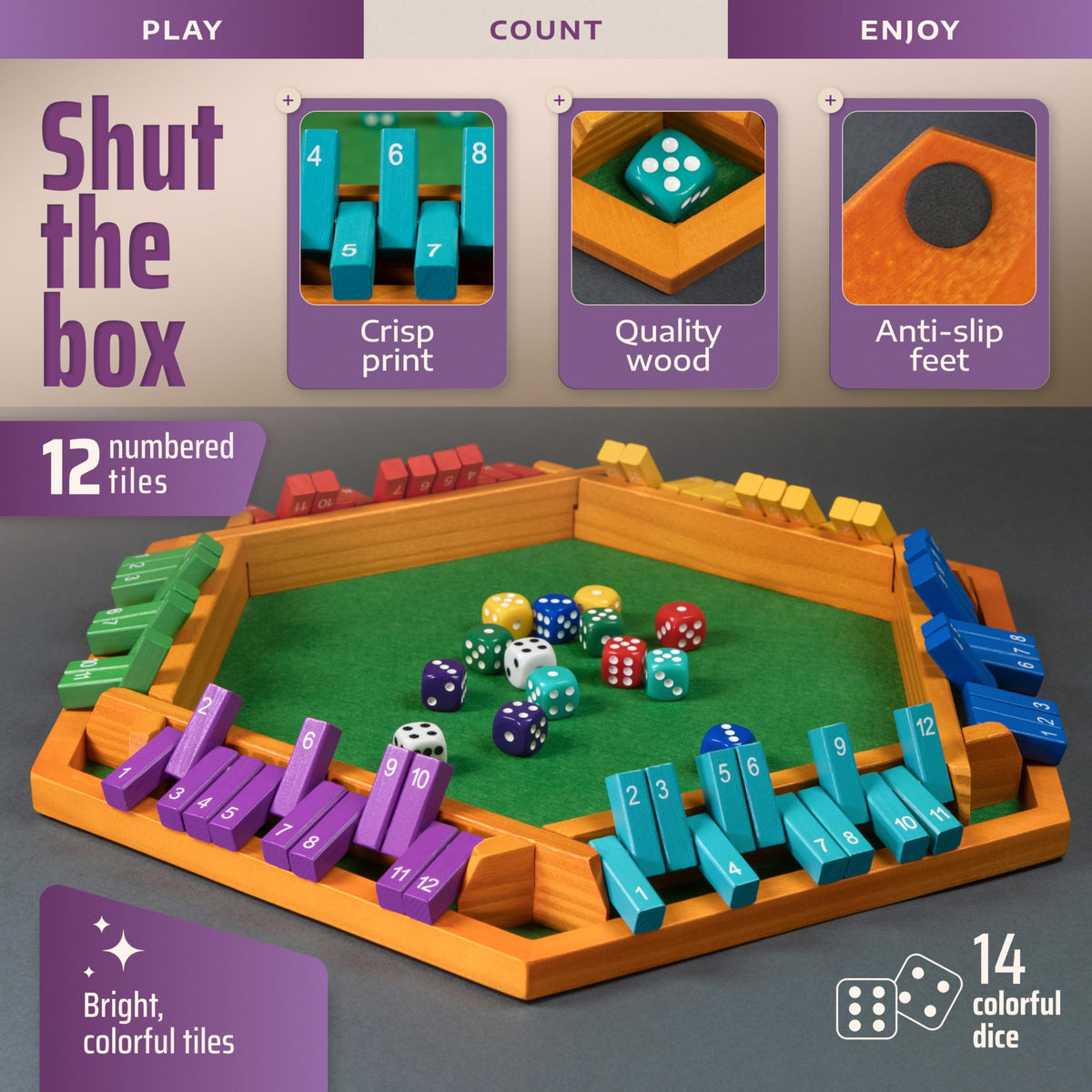 Queensell Color Shut The Box large board supports up to six players.
