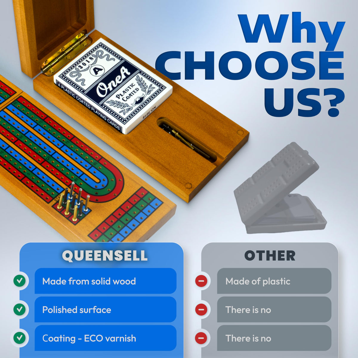 Queensell board comes with nine pegs in three colors.