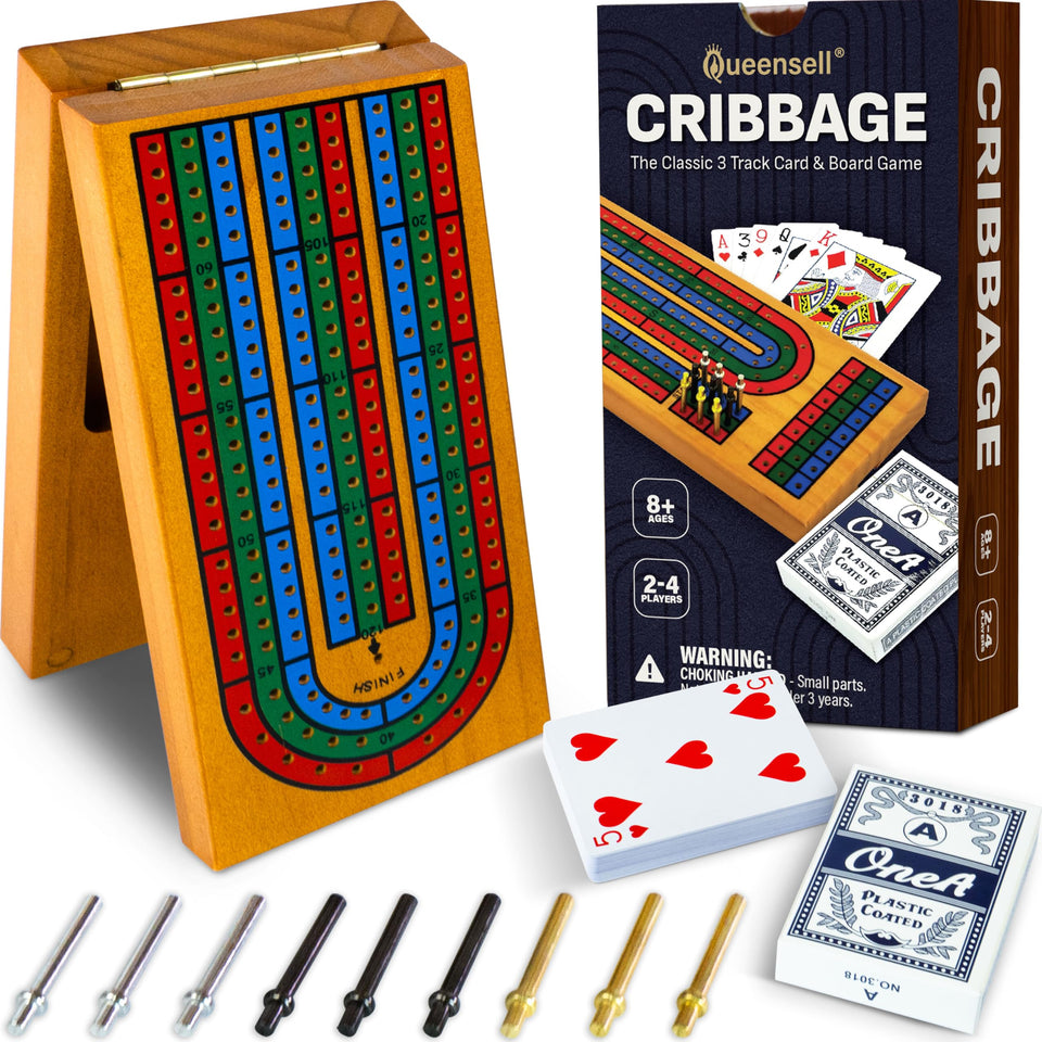 Queensell cribbage board folded for travel, showcasing its compact design.