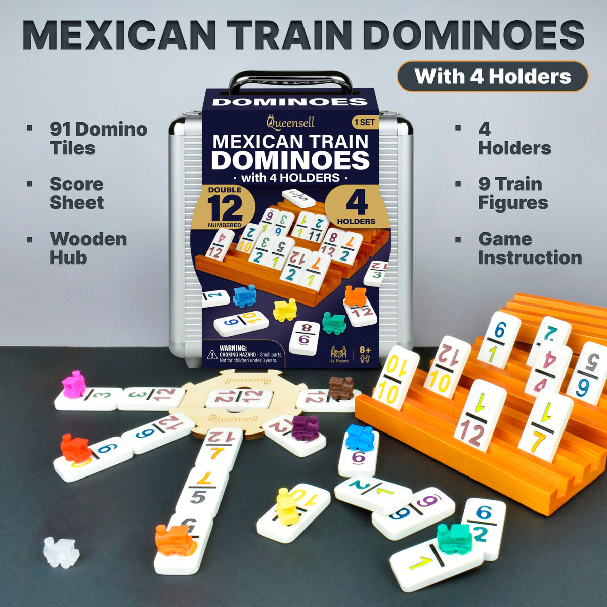 Queensell wooden domino holders keep tiles upright and visible during play.