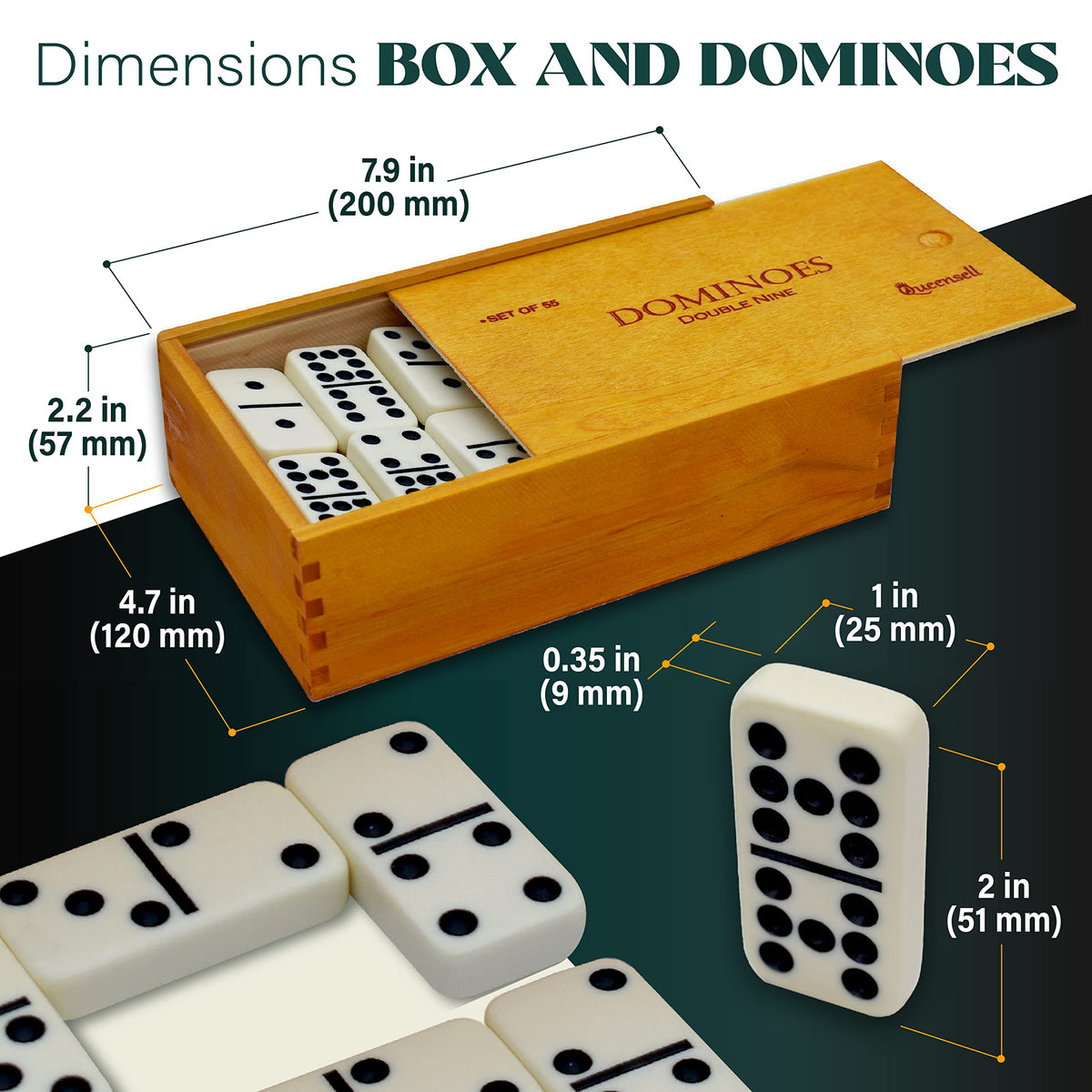 Queensell Dominos Double 9 tiles stacked with durable ivory-toned surfaces.