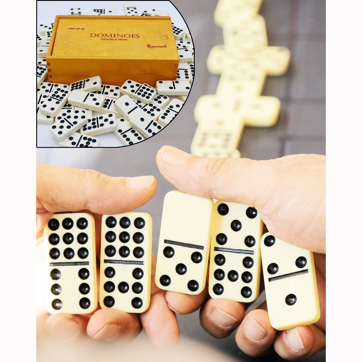 Queensell Dominos Double 9 travel-ready set for outdoor play.