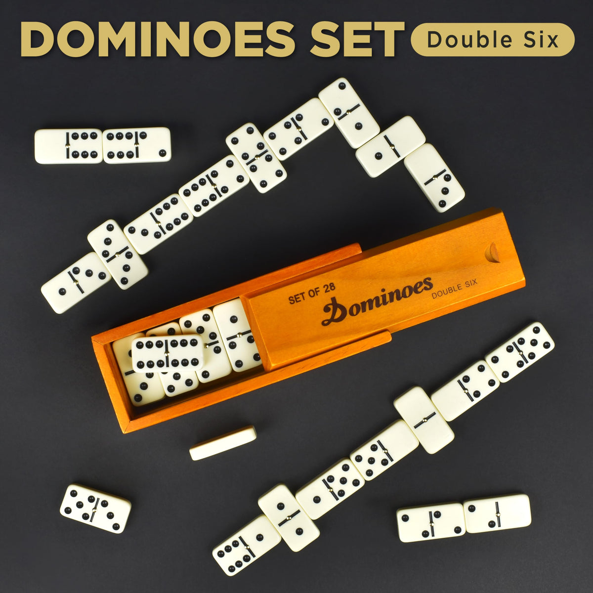 Queensell Dominos in a rich wooden case for neat storage.