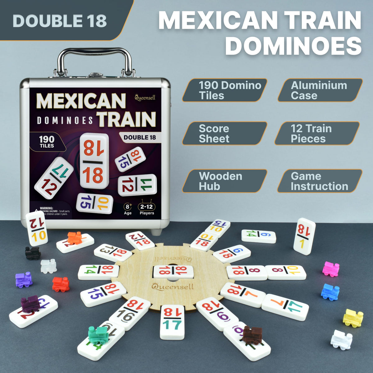 Queensell Double 18 Dominoes for larger groups and versatile play