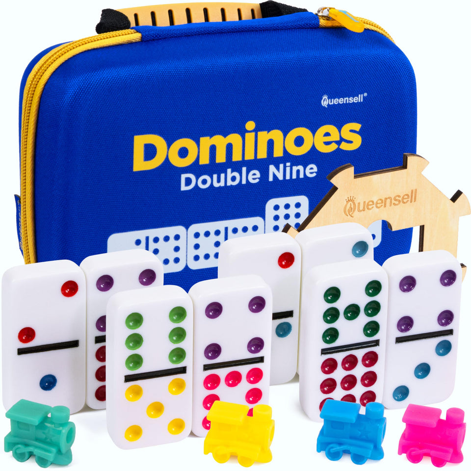 Queensell Double 9 domino tiles with color dots for easy reading and faster play