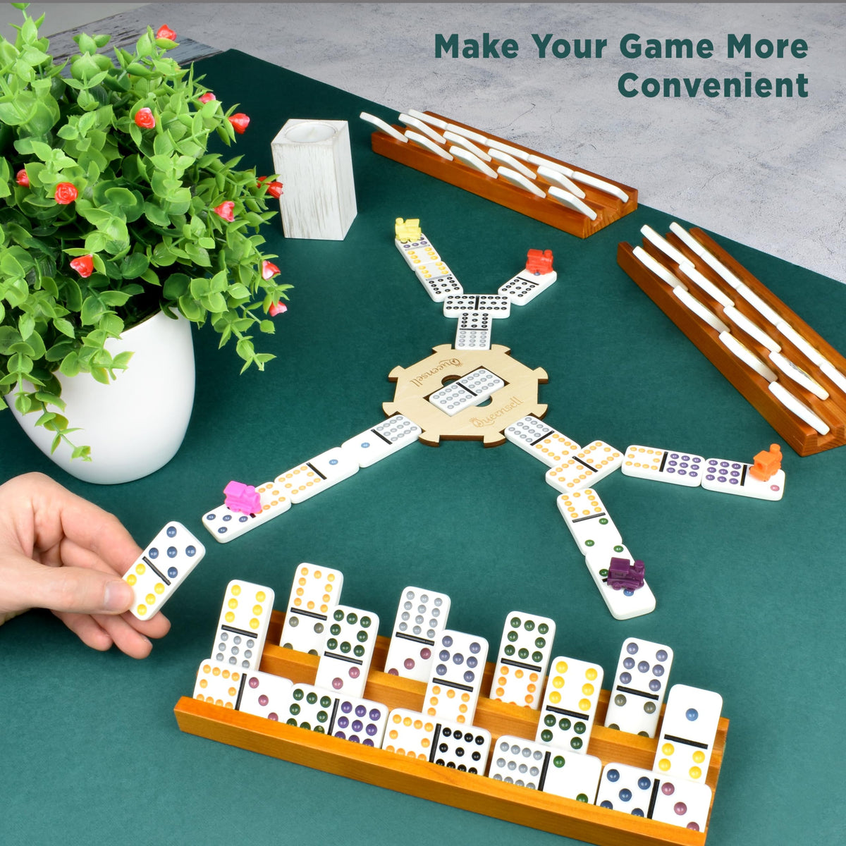 Queensell family game accessory domino trays enhance group play and tidy layouts.