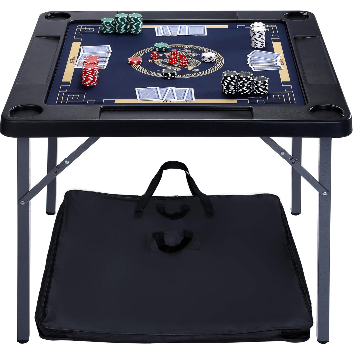Queensell folding game table with double-sided mat for versatile multiplayer sessions.