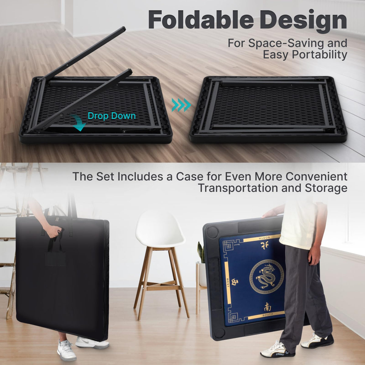 Queensell folding game table includes four cup holders for drinks while playing.
