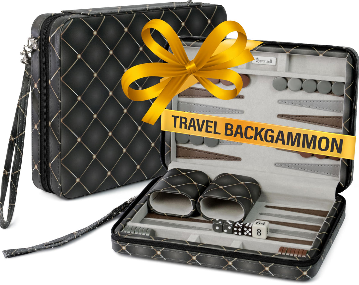Queensell magnetic travel backgammon set closed view with PU leather case, ideal for on-the-go play.