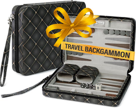 Queensell magnetic travel backgammon set closed view with PU leather case, ideal for on-the-go play.