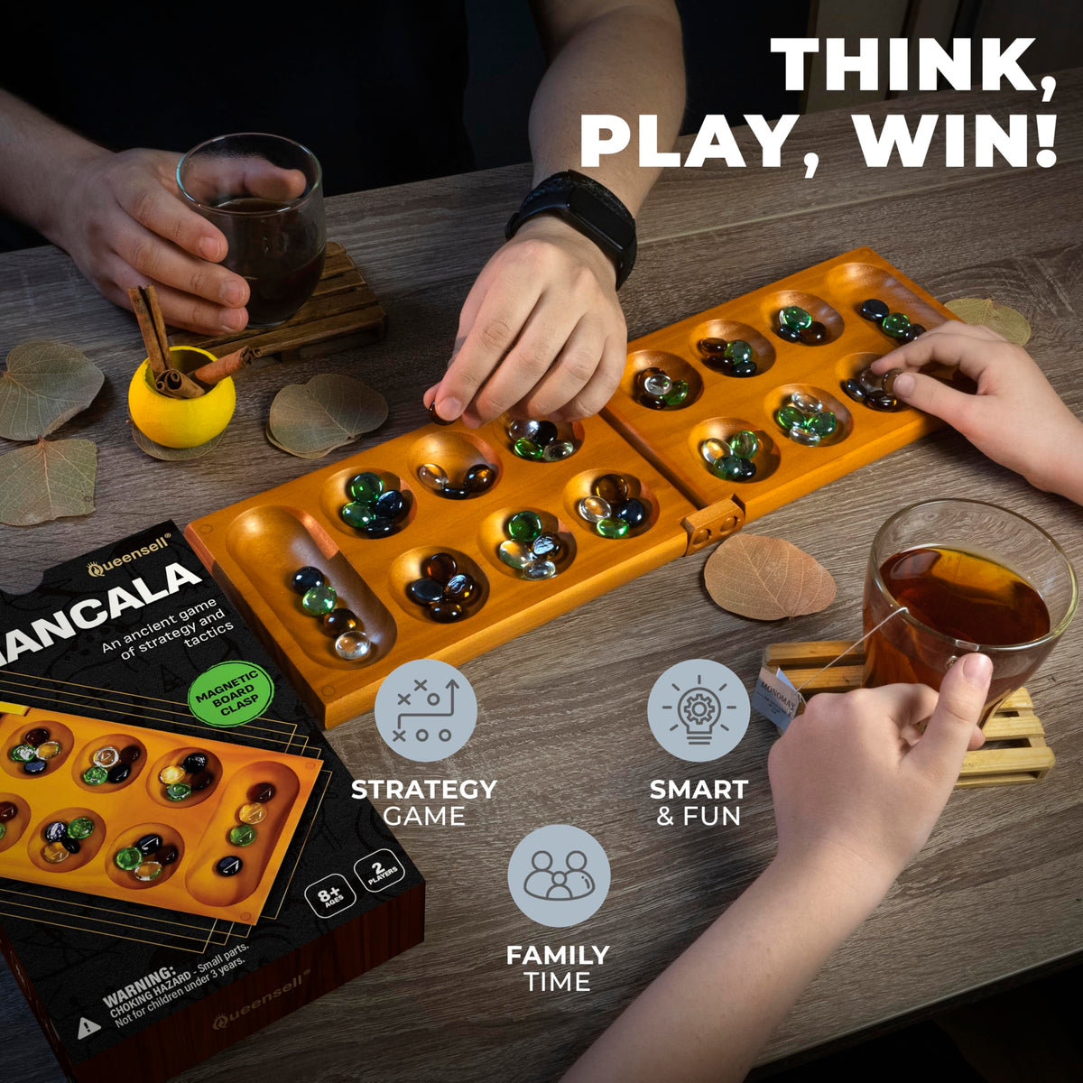Queensell wooden Mancala close-up shows natural grain and craftsmanship