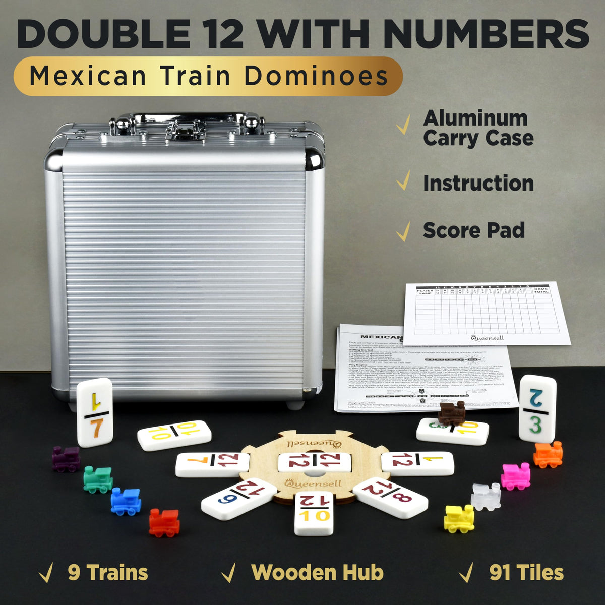 Queensell Mexican Train Dominoes aluminum-case keeps tiles secure during travel