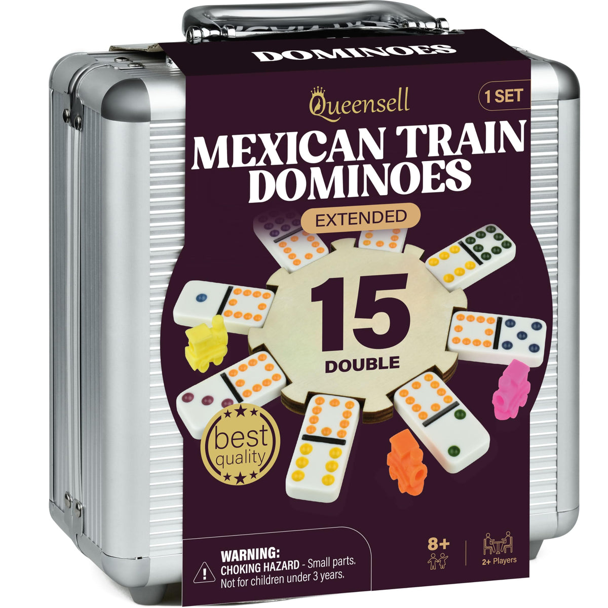 Queensell Mexican Train Dominoes Double 15 tiles arranged for a family game night and quick setup