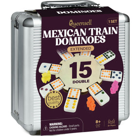 Queensell Mexican Train Dominoes Double 15 tiles arranged for a family game night and quick setup