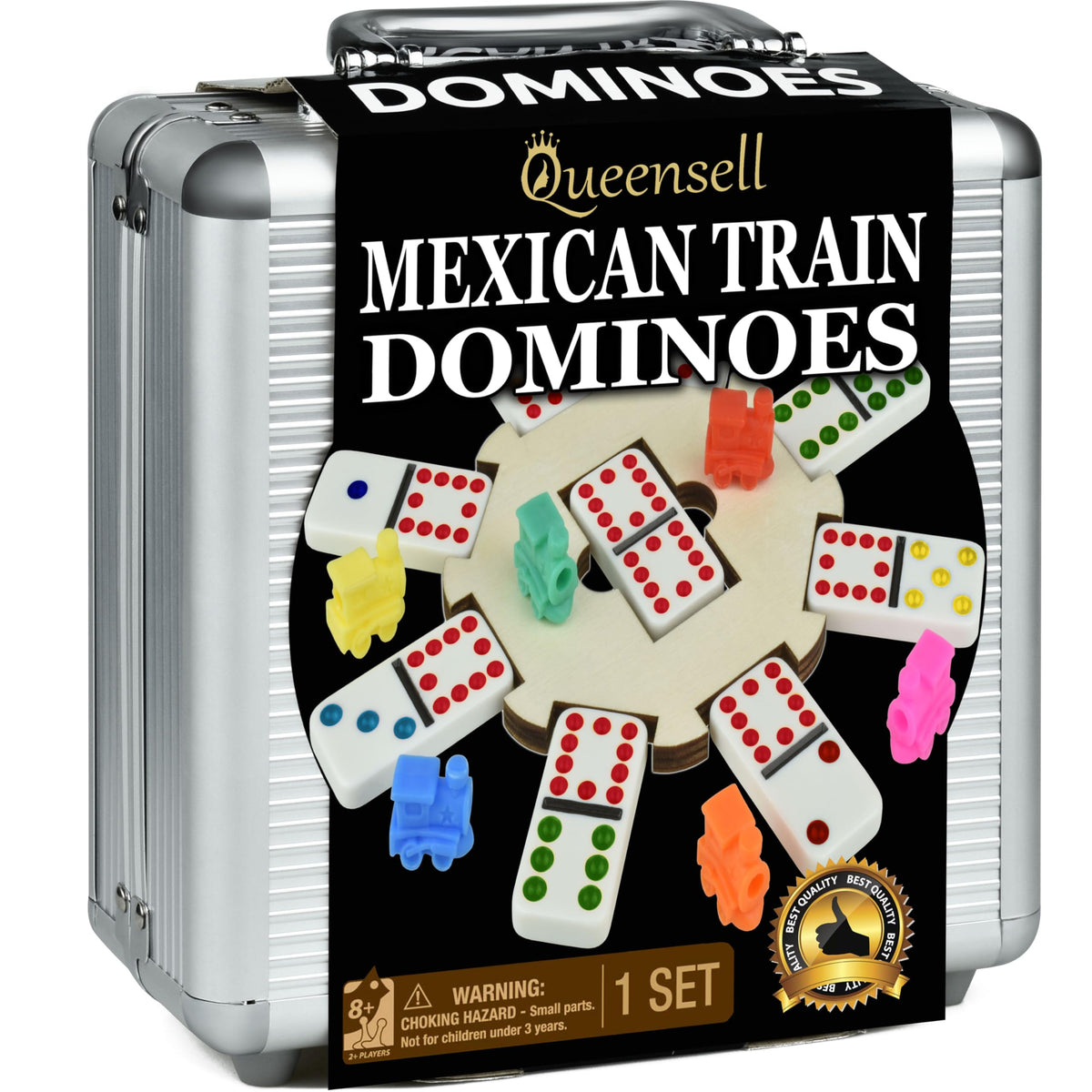 Queensell Mexican Train Dominoes set with wooden hub and case for family nights
