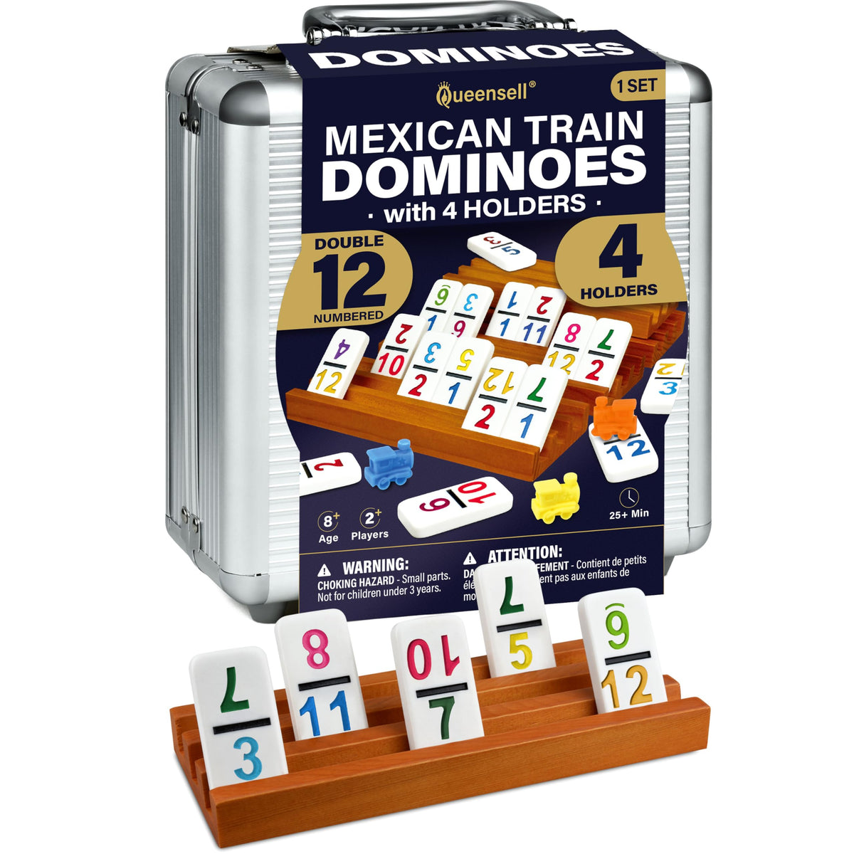 Queensell Mexican Train Dominoes Set hub and tiles for organized, fast-paced gameplay.