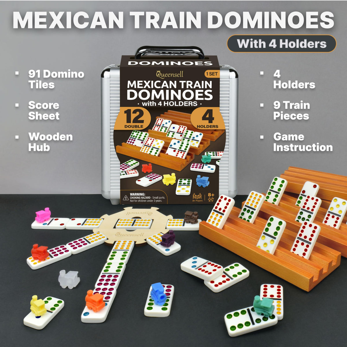 Queensell wooden holders cradle domino tiles securely for stable gameplay.
