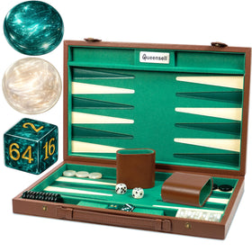 Queensell premium 15-inch backgammon board with soft faux suede finish for elegant game nights
