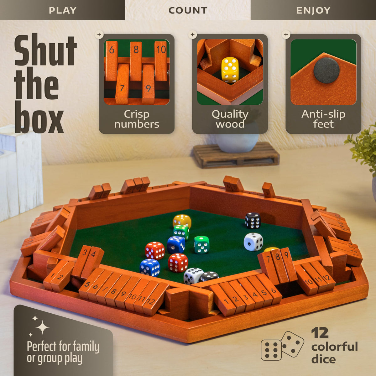 Queensell Shut The Box 6-player setup for family game night
