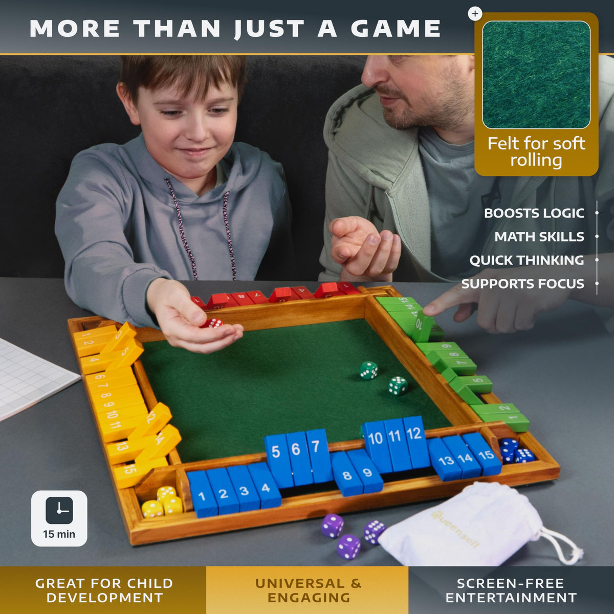 Queensell Shut The Box dice ensure balanced rolls with satisfying tactile feedback.