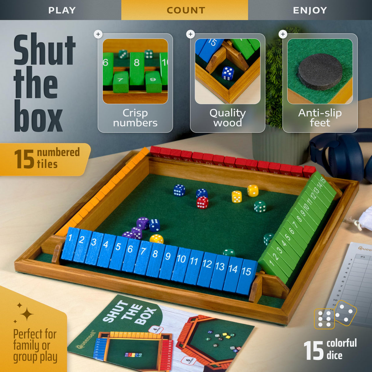 Queensell Shut The Box wooden dice and pouch for smooth rolls and tidy storage.