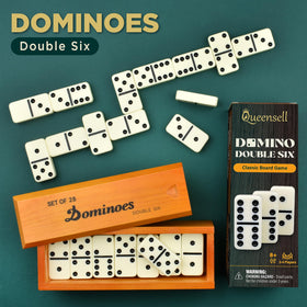 Queensell wooden storage case displaying premium dominoes for organized game nights.
