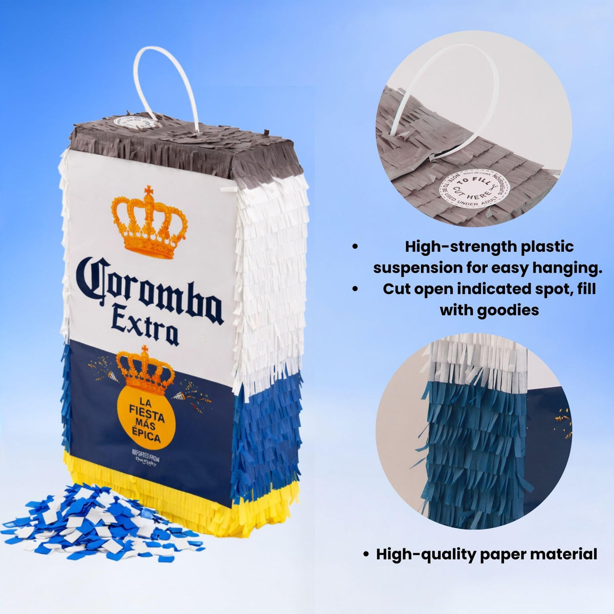 Quefinity Coromba pinata candy and mini bottles fill options for flexible play.