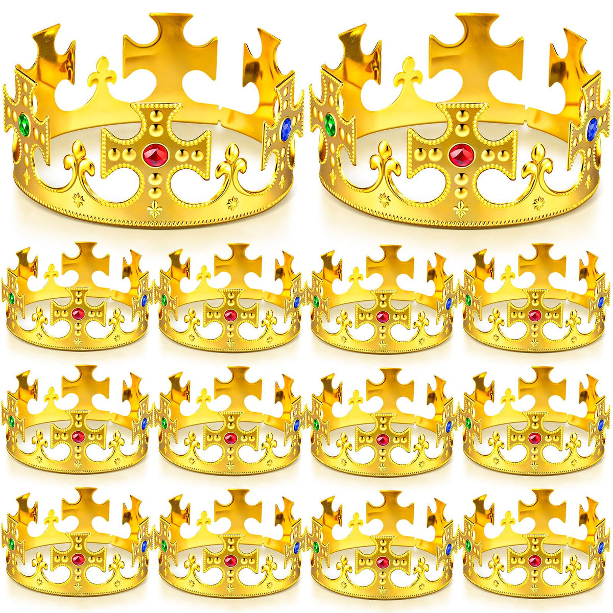 Quelay 12-piece gold king crowns set, adjustable for comfortable family wear.