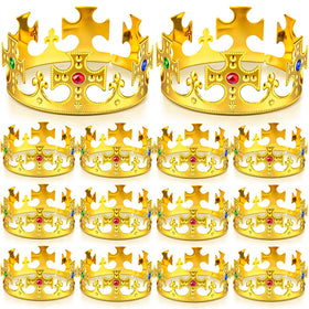 Quelay 12-piece gold king crowns set, adjustable for comfortable family wear.