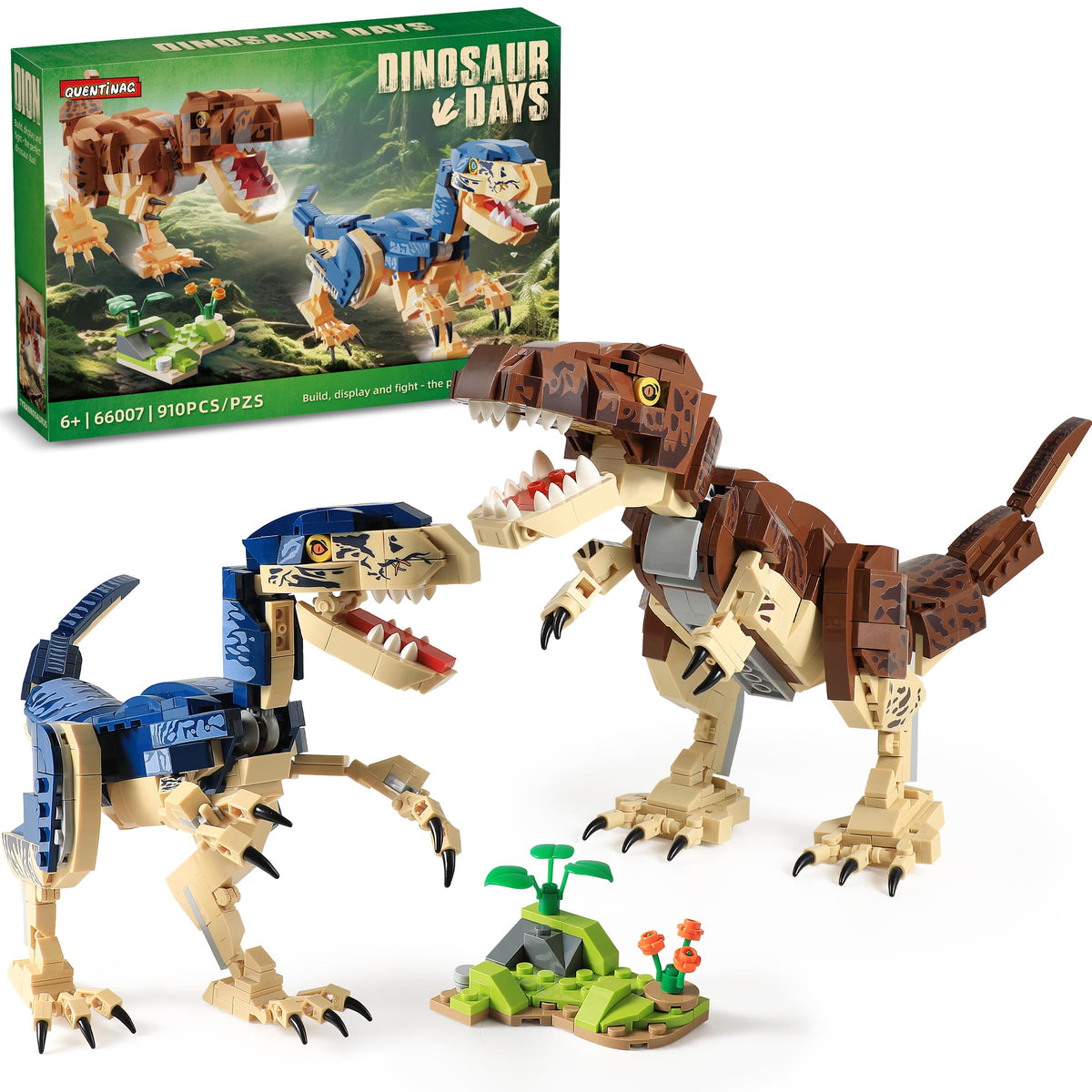 QUENTINAG dinosaur t-rex front view highlights poseable jaw and head for interactive play.