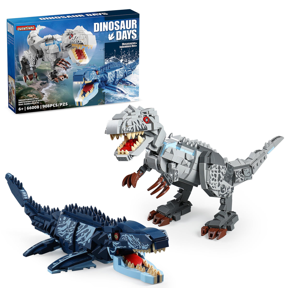 QUENTINAG dual dinosaur set with poseable Indominus Rex and Mosasaurus for imaginative play