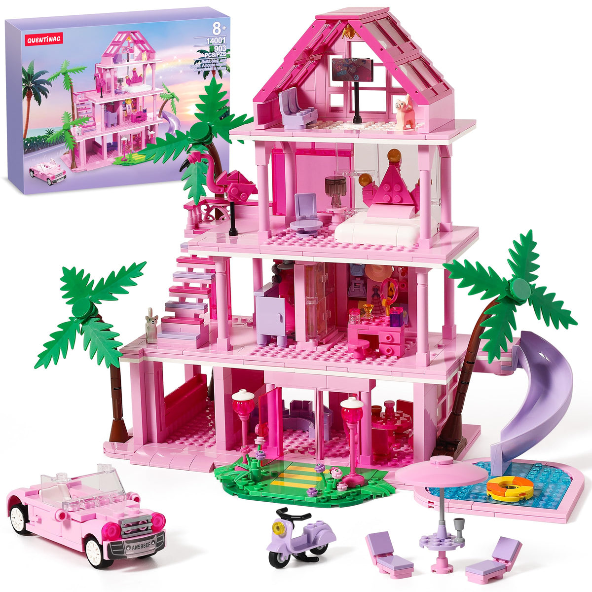 QUENTINAG Girls House building set pink villa four-story for imaginative play