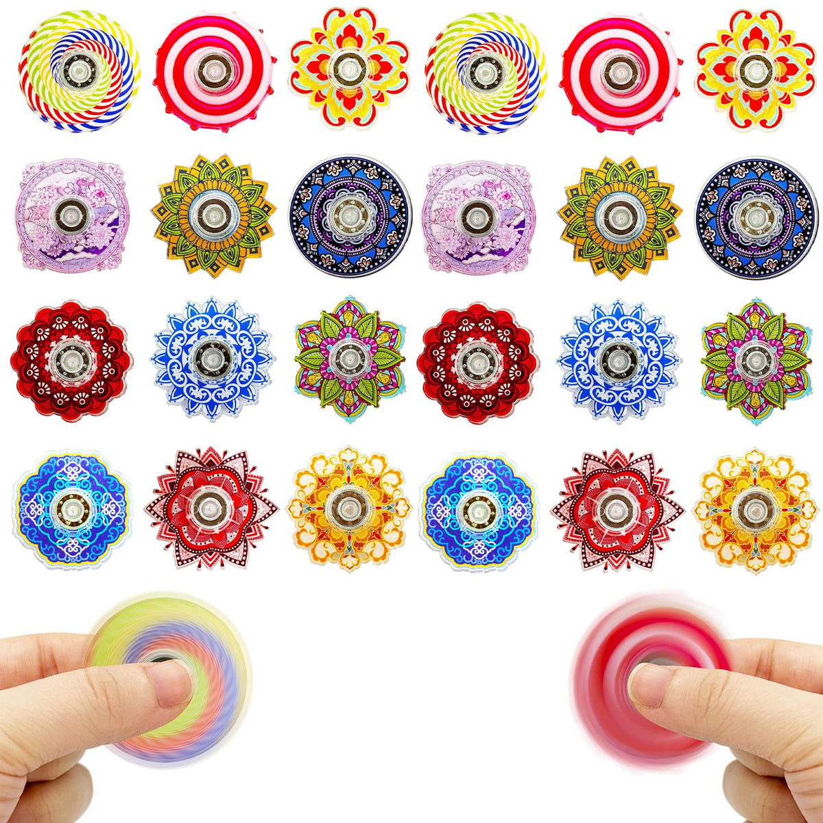 Quhiu 52pcs mini fidget spinners with colorful patterns for focus and stress relief.
