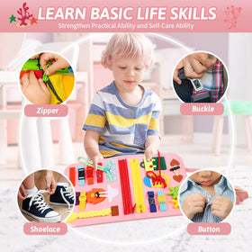 Quiet Flower Busy Board life-skills section focused on buttons and zippers for independent play.